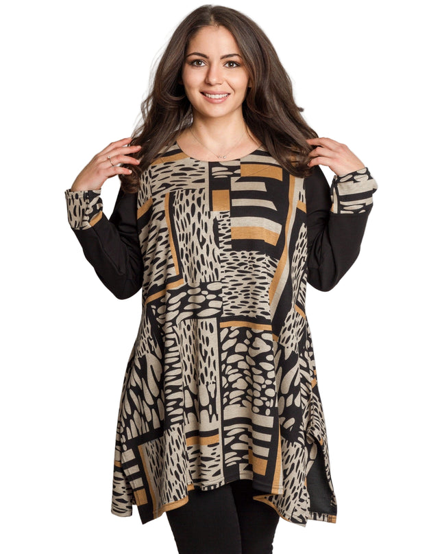 Туника в черно и охра с геометричен принт и разкроена кройка