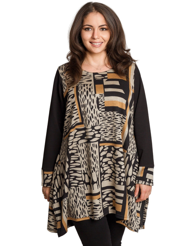 Туника в черно и охра с геометричен принт и разкроена кройка