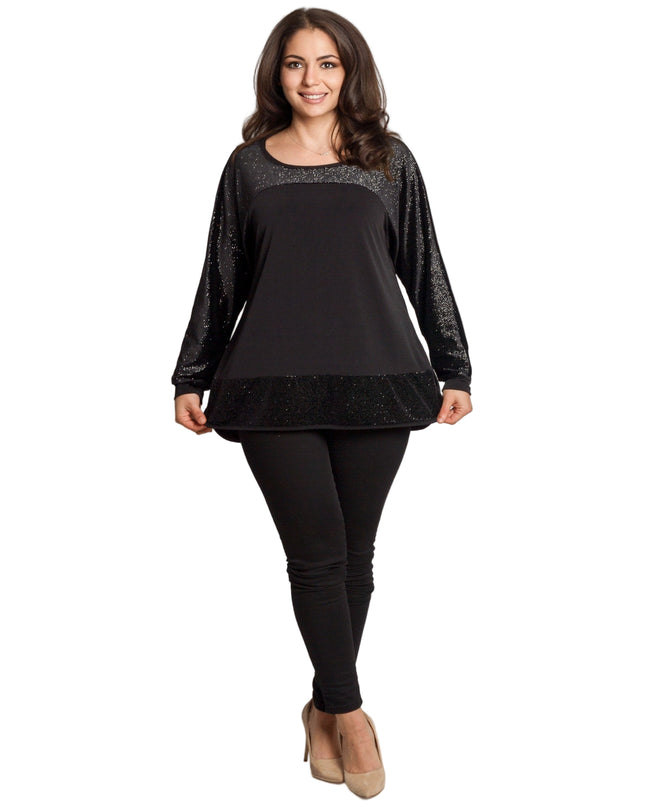Елегантна разкроена туника с блестящи детайли в черен цвят