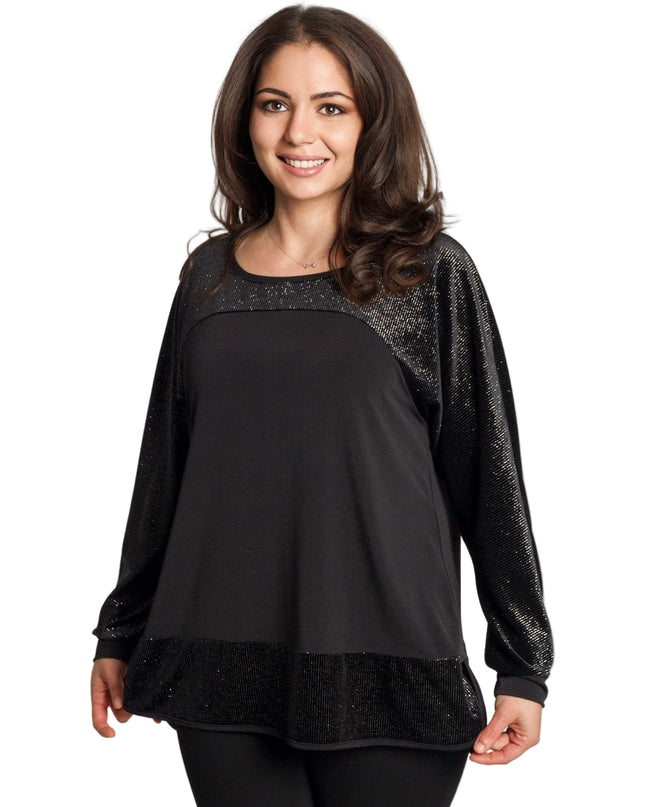 Елегантна разкроена туника с блестящи детайли в черен цвят