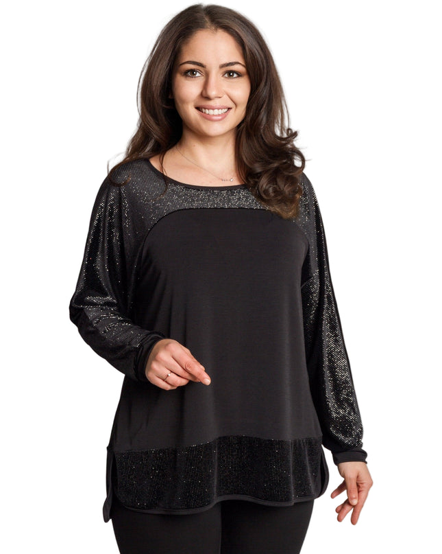 Елегантна разкроена туника с блестящи детайли в черен цвят