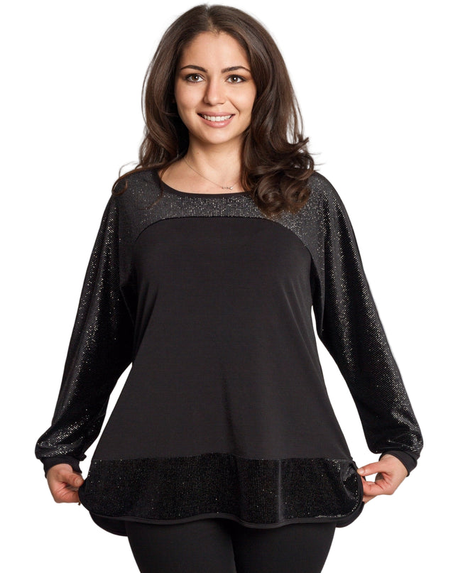Елегантна разкроена туника с блестящи детайли в черен цвят