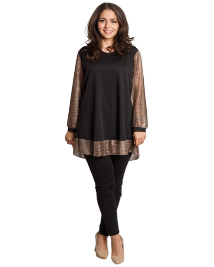 Елегантна черна туника с блестящи ръкави и кант