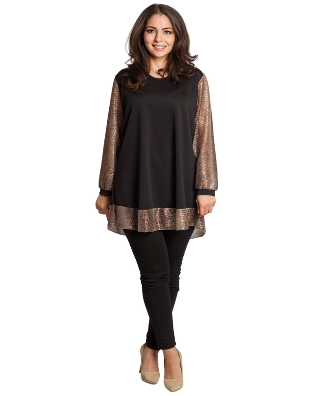 Елегантна черна туника с блестящи ръкави и кант