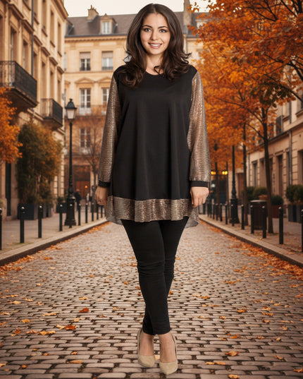Елегантна черна туника с блестящи ръкави и кант
