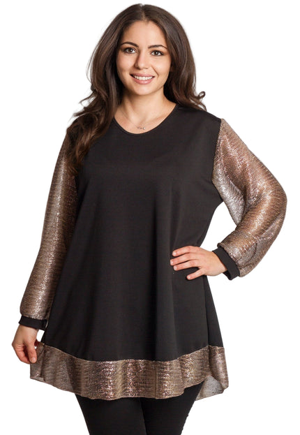 Елегантна черна туника с блестящи ръкави и кант