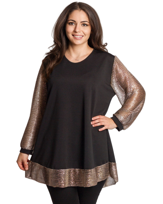 Елегантна черна туника с блестящи ръкави и кант