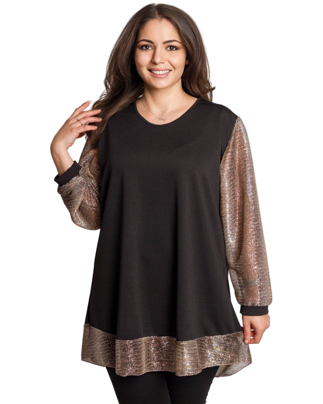 Елегантна черна туника с блестящи ръкави и кант