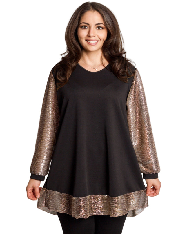 Елегантна черна туника с блестящи ръкави и кант