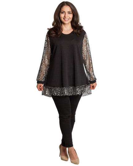 Елегантна черна туника с прозрачни ръкави и сребрист принт