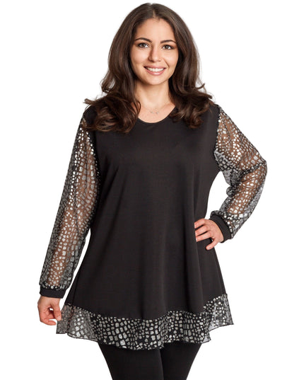 Елегантна черна туника с прозрачни ръкави и сребрист принт