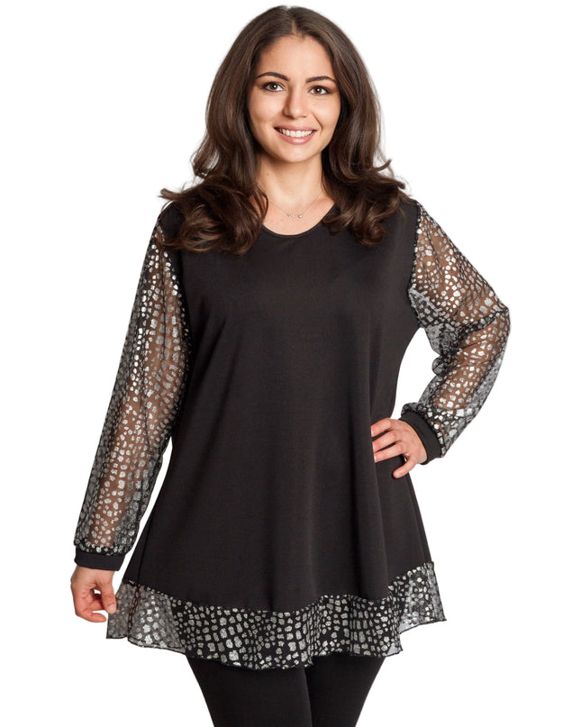 Елегантна черна туника с прозрачни ръкави и сребрист принт