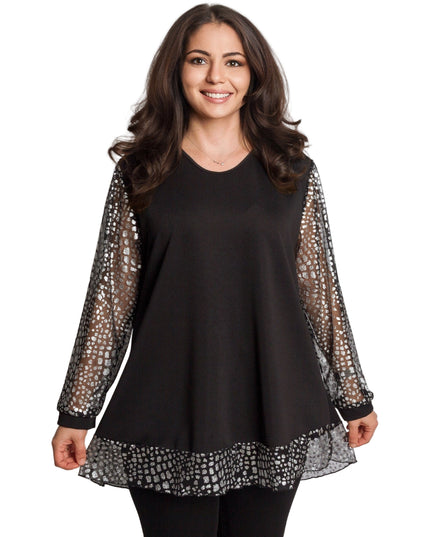 Елегантна черна туника с прозрачни ръкави и сребрист принт