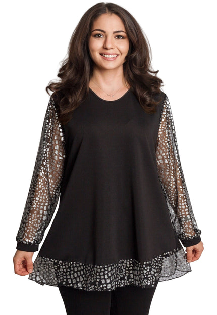 Елегантна черна туника с прозрачни ръкави и сребрист принт