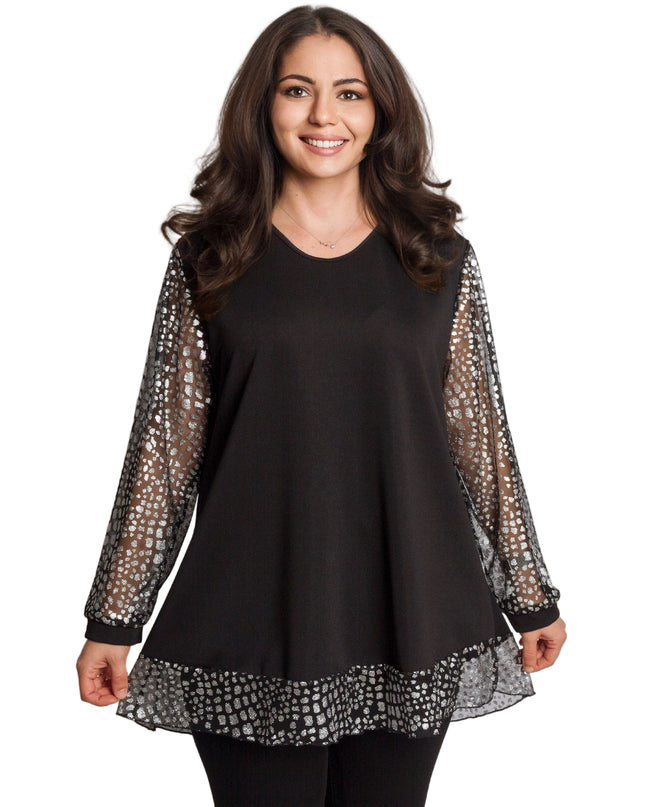 Елегантна черна туника с прозрачни ръкави и сребрист принт