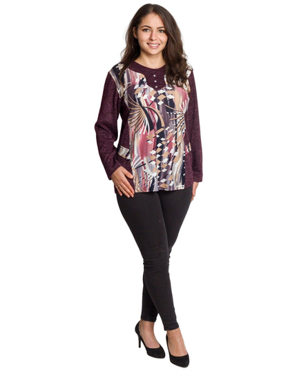 Бордо права туника с абстрактен принт и обло деколте