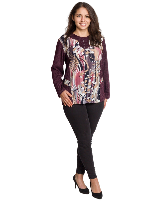 Бордо права туника с абстрактен принт и обло деколте