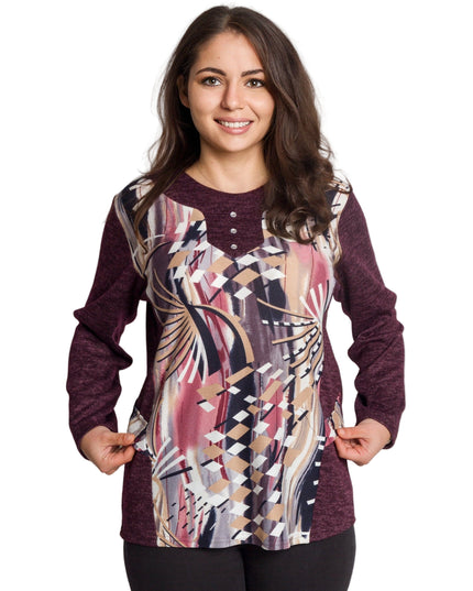 Бордо права туника с абстрактен принт и обло деколте