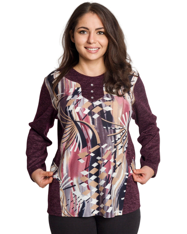 Бордо права туника с абстрактен принт и обло деколте