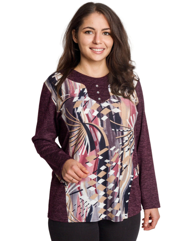 Бордо права туника с абстрактен принт и обло деколте