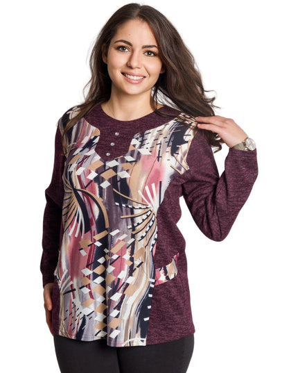 Бордо права туника с абстрактен принт и обло деколте