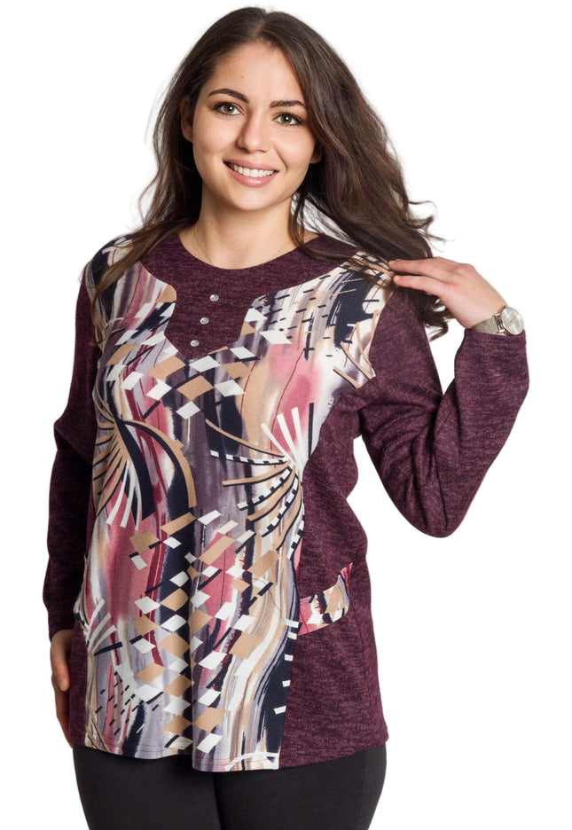 Бордо права туника с абстрактен преден панел и обло деколте