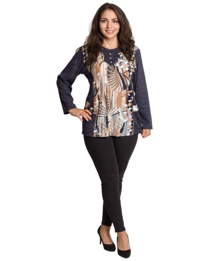 Тъмносиня туника с абстрактен принт и обло деколте