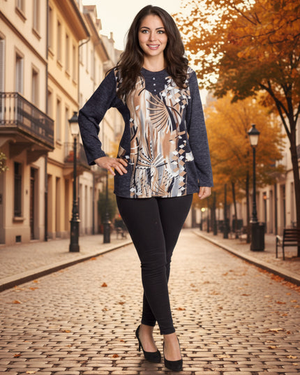 Тъмносиня туника с абстрактен принт и обло деколте