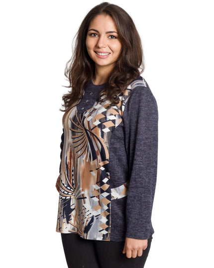 Тъмносиня туника с абстрактен принт и обло деколте