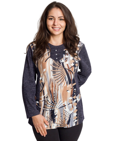 Тъмносиня туника с абстрактен принт и обло деколте