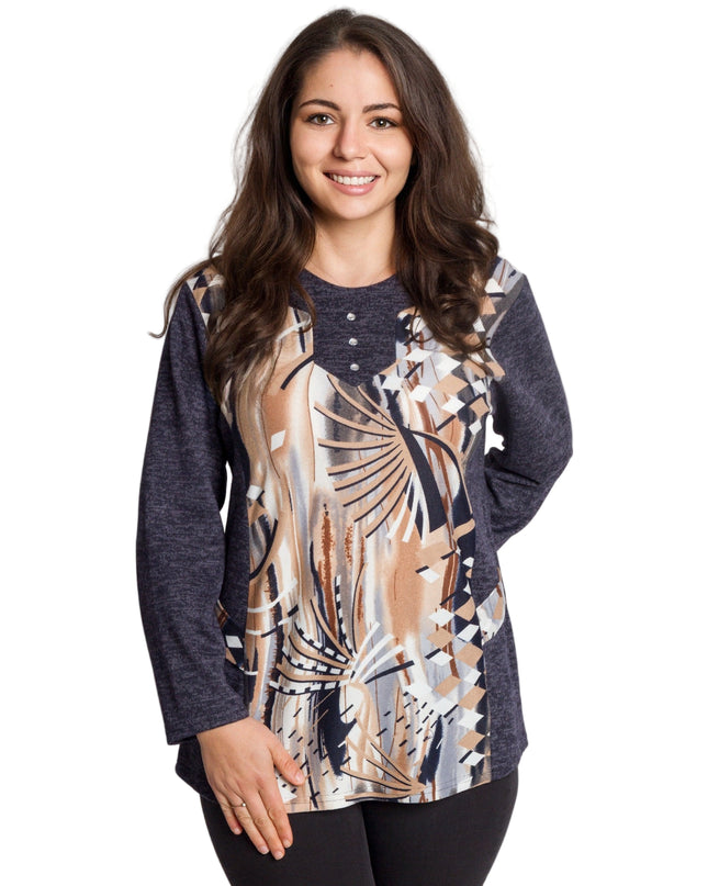 Тъмносиня туника с абстрактен принт и обло деколте