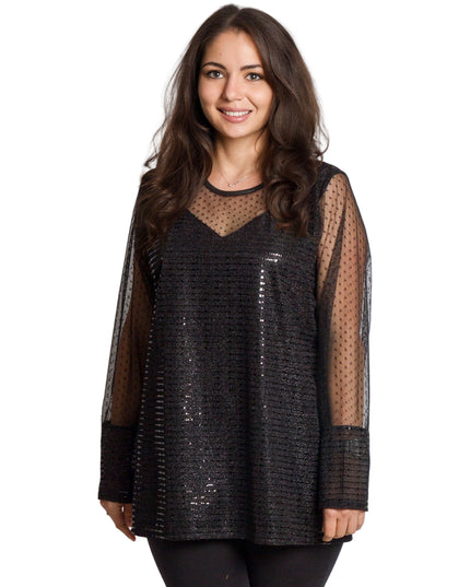 Черна официална туника с блестящ десен и обло деколте