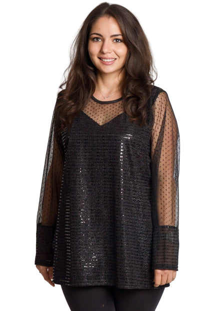 Черна официална туника с блестящ десен и обло деколте