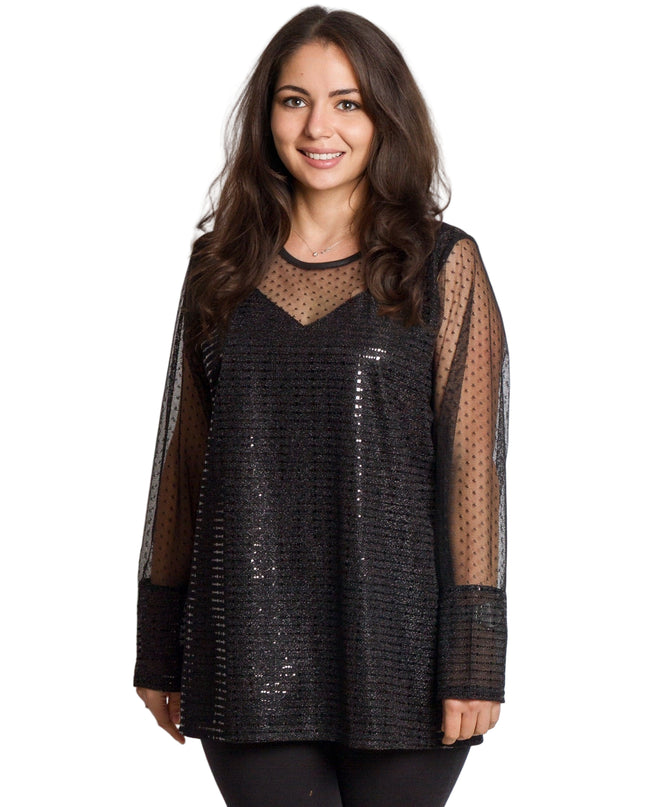 Черна официална туника с блестящ десен и обло деколте