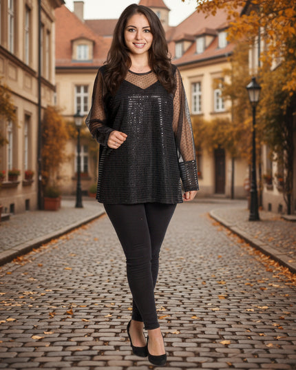 Черна официална туника с блестящ десен и обло деколте