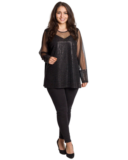 Черна официална туника с блестящ десен и обло деколте