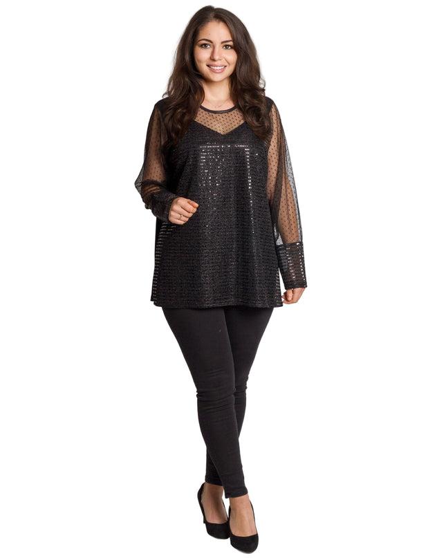 Черна официална туника с блестящ десен и обло деколте