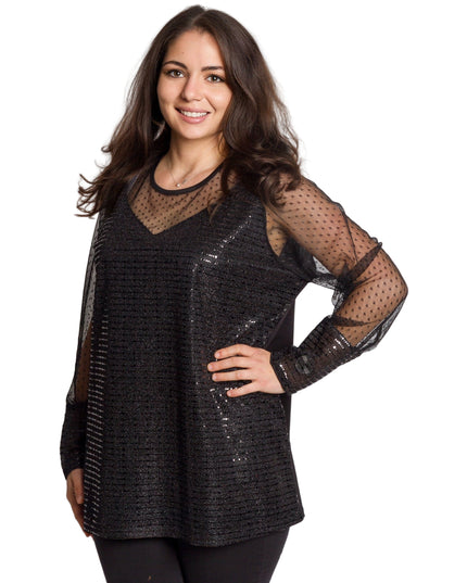 Черна официална туника с блестящ десен и обло деколте