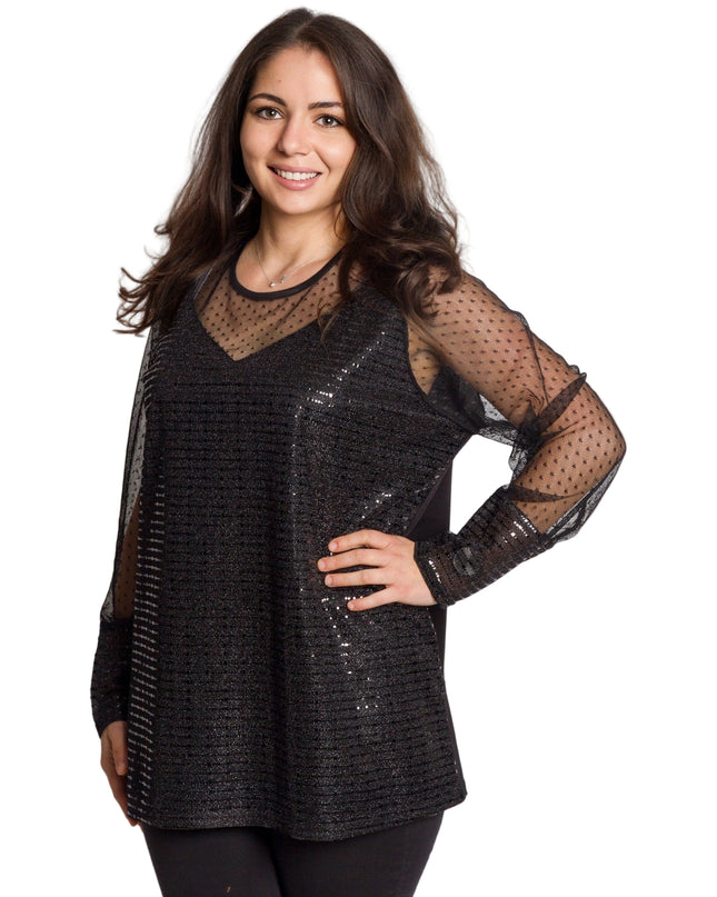 Черна официална туника с блестящ десен и обло деколте