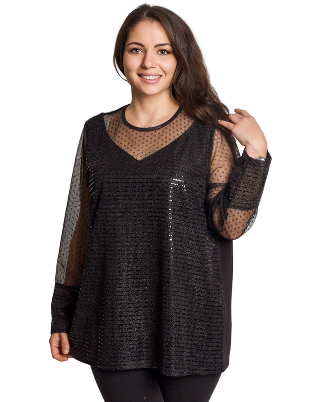 Черна официална туника с блестящ десен и обло деколте