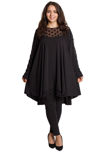 Елегантна разкроена черна туника на точки в големи размери