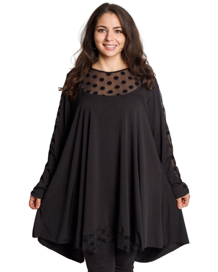 Елегантна разкроена черна туника на точки в големи размери