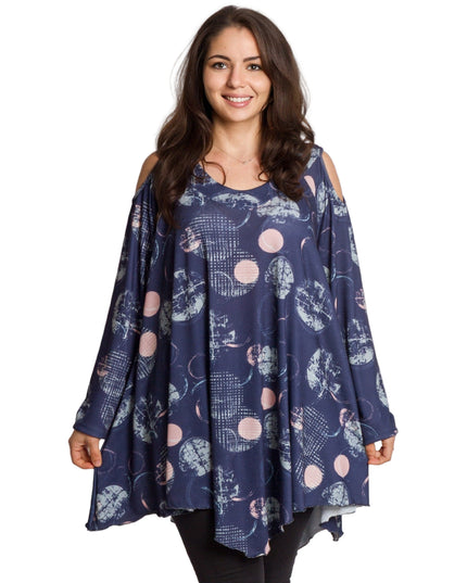 Елегантна тъмносиня разкроена туника с артистичен десен