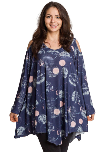 Елегантна тъмносиня разкроена туника с артистичен десен