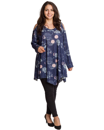 Елегантна тъмносиня разкроена туника с артистичен десен