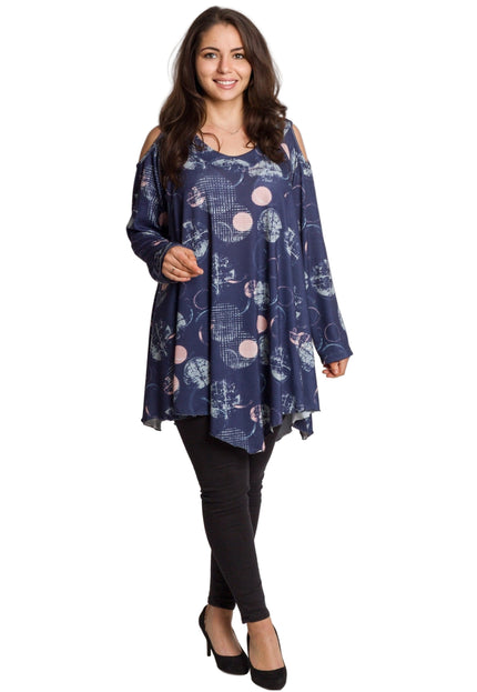 Елегантна тъмносиня разкроена туника с артистичен десен