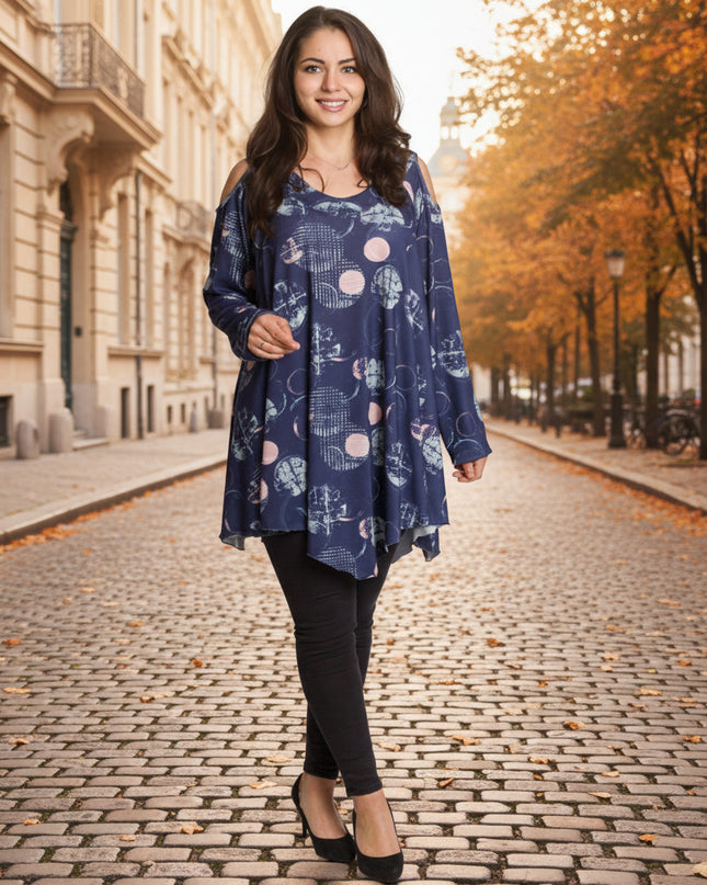 Елегантна тъмносиня разкроена туника с артистичен десен