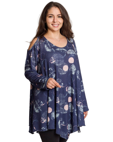 Елегантна тъмносиня разкроена туника с артистичен десен