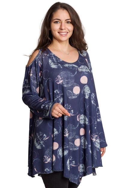 Елегантна тъмносиня разкроена туника с артистичен десен