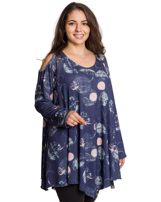 Елегантна тъмносиня разкроена туника с артистичен десен